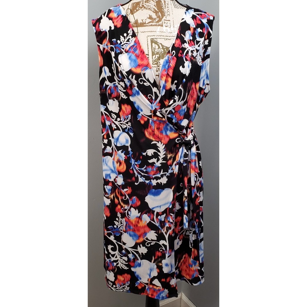 Dana Buchman Wrap Midi Dress Womens XL Multi Floral Sleeveless Tie Side Detail